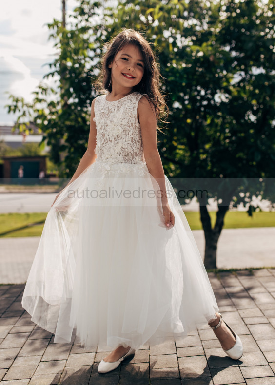 Ivory Lace Tulle Sheer Top Flower Girl Dress